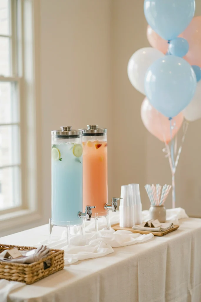 Drink station wrapped in sheer netting to look like clouds at a hot air balloon baby shower