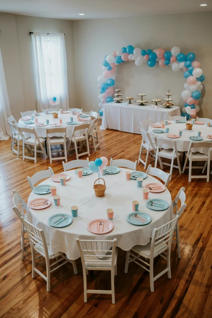 Guest seating area with ivory linens and wicker basket centerpieces at a hot air balloon baby shower