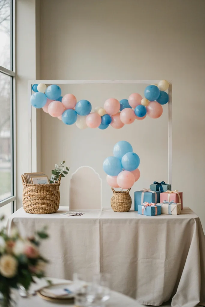 Hot air balloon baby shower gift table with a balloon garland and wrapped presents