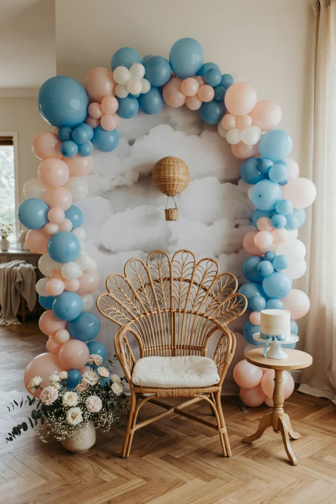 Sky blue and blush balloon arch backdrop with the mom-to-be seat in front