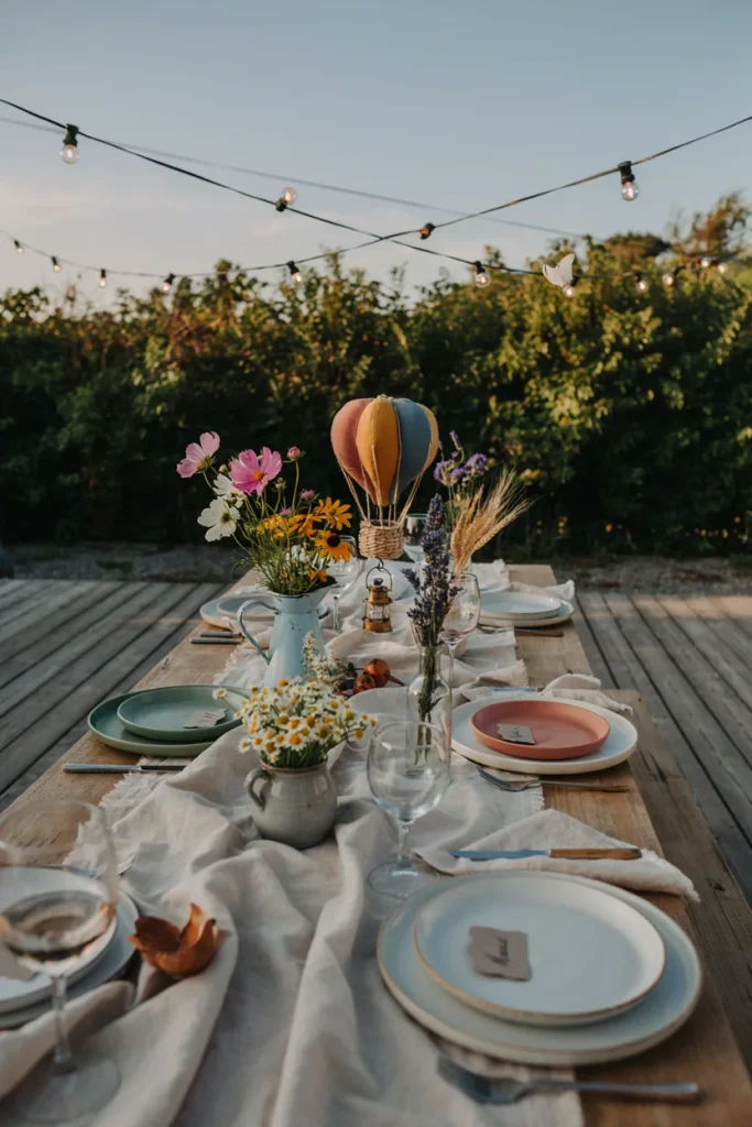 Outdoor garden hot air balloon tablescape with wildflowers
