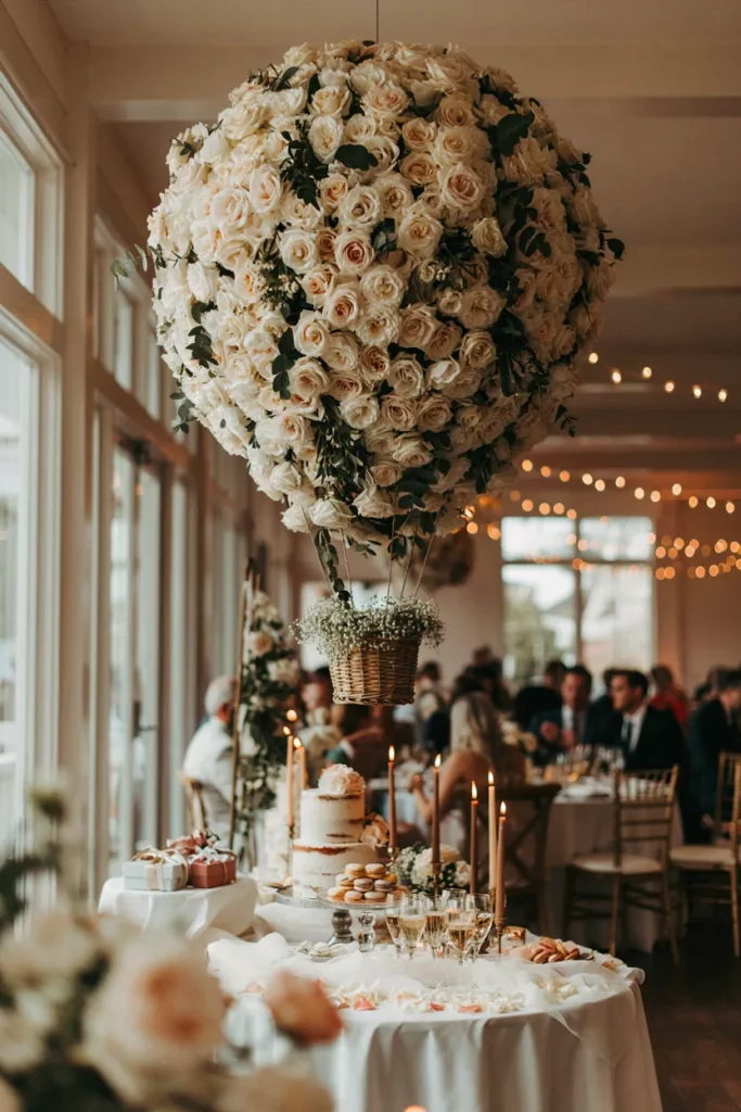 Ceiling-hung floral hot air balloon installation with ivory garden roses