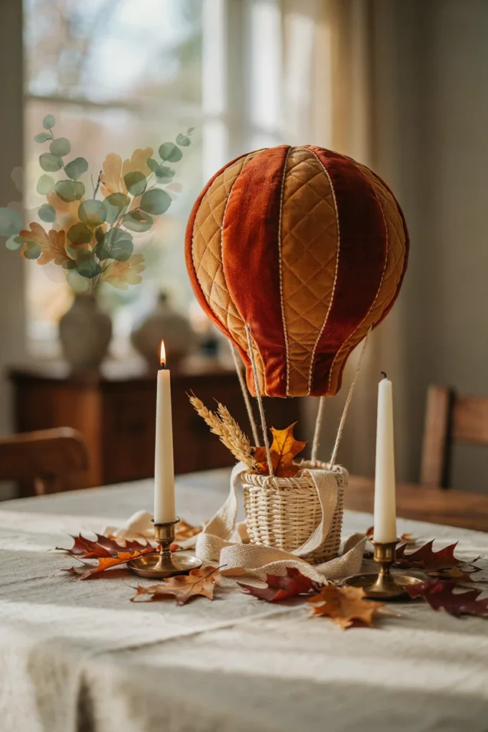 Rust and mustard hot air balloon centerpiece for a fall baby shower