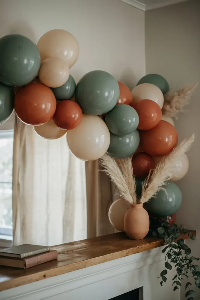 Sage green boho balloon garland with dried pampas grass for a baby shower