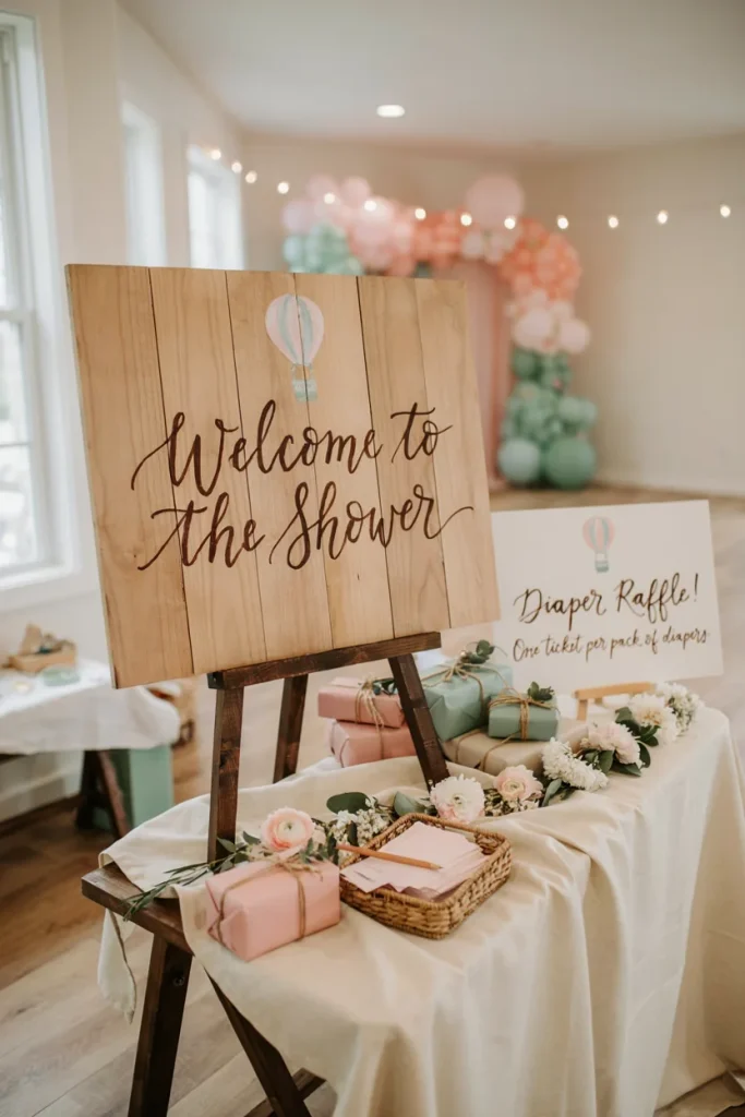 Hot air balloon welcome sign and diaper raffle sign