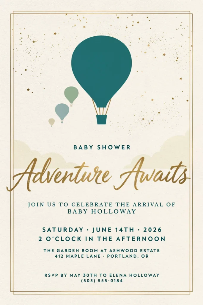Teal and gold Adventure Awaits hot air balloon baby shower invitation