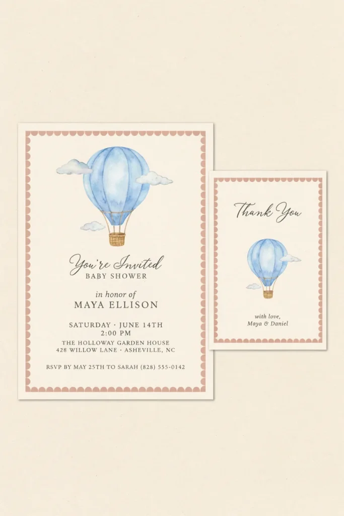 Watercolor hot air balloon baby shower invitation with scalloped border