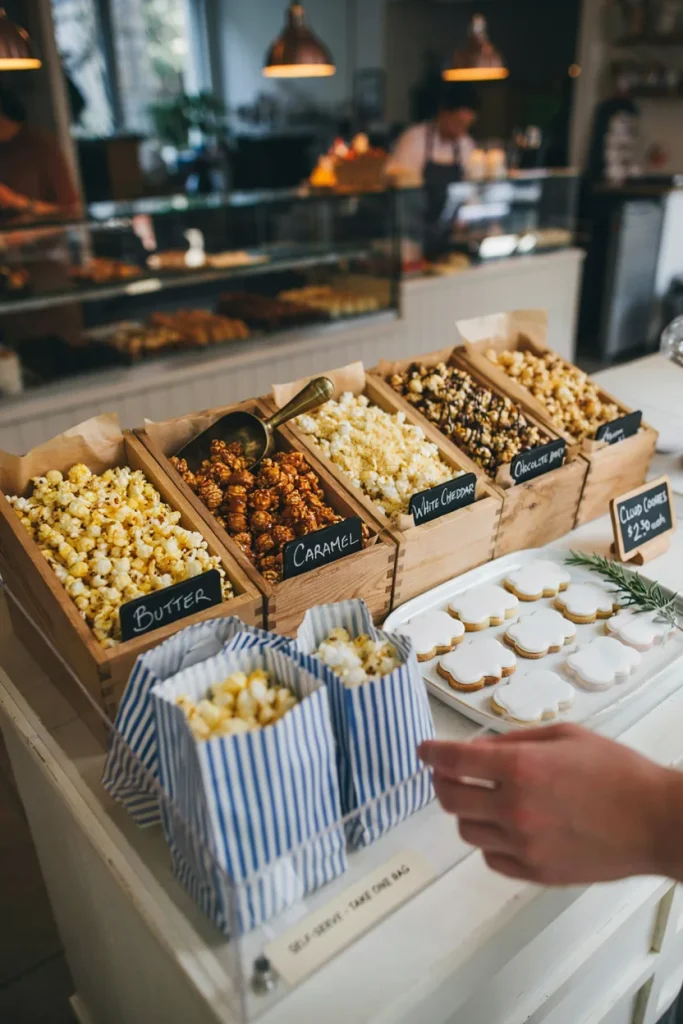 Popcorn and cloud cookie bar for a hot air balloon baby shower