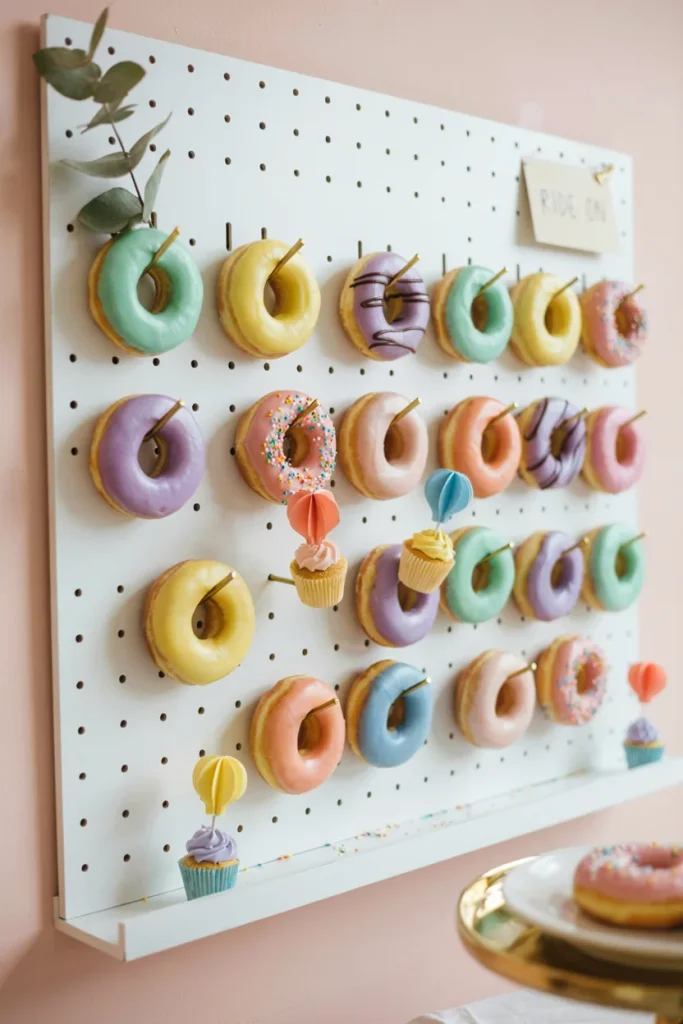 Donut wall with hot air balloon cupcake toppers