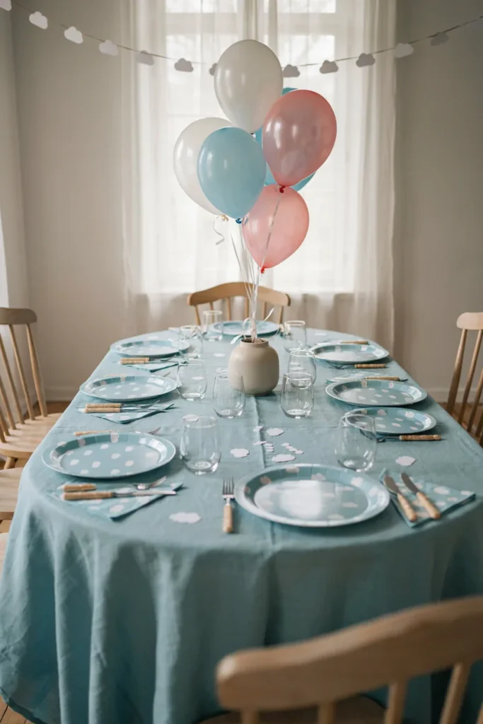 Pastel blue tablecloth with cloud confetti and hot air balloon plates