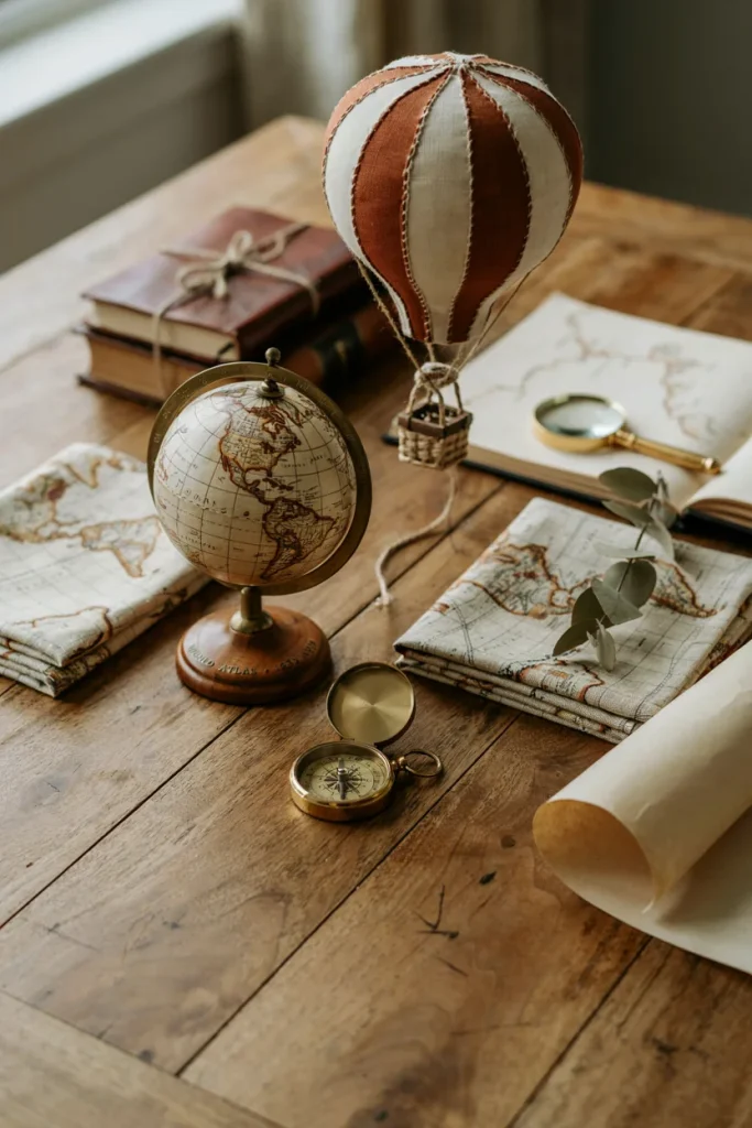 Hot air balloon centerpiece with a vintage globe on an adventure-themed table