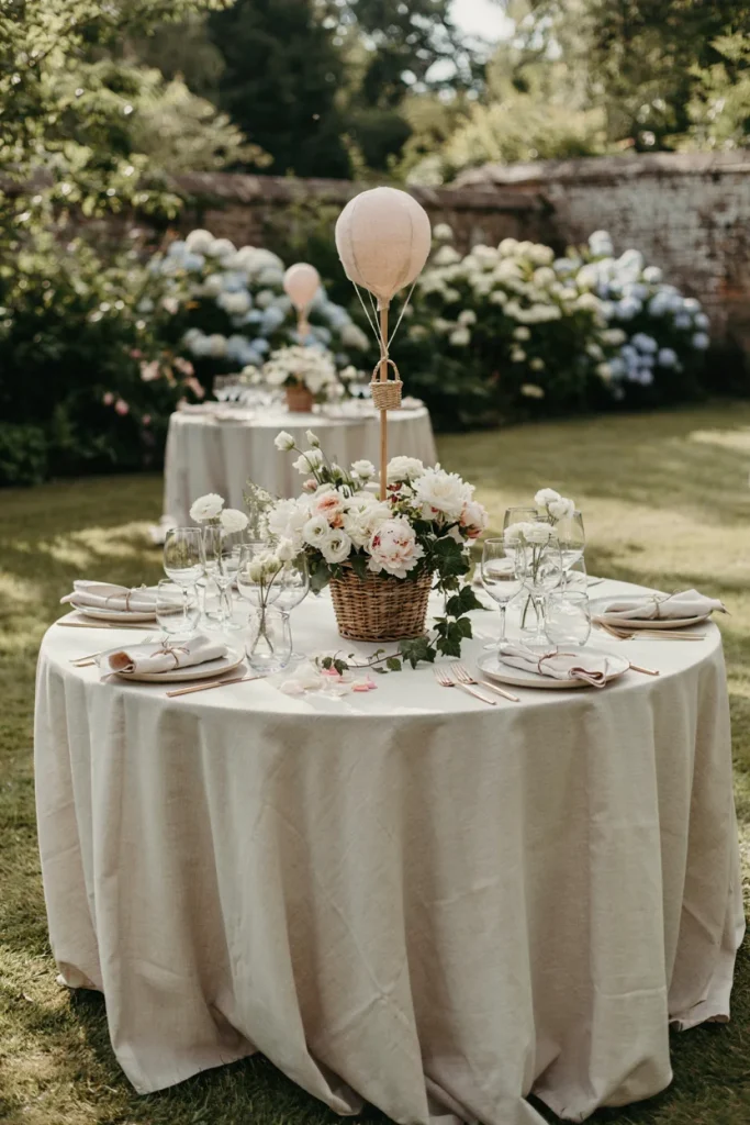 Wicker basket hot air balloon centerpiece with white and blush florals