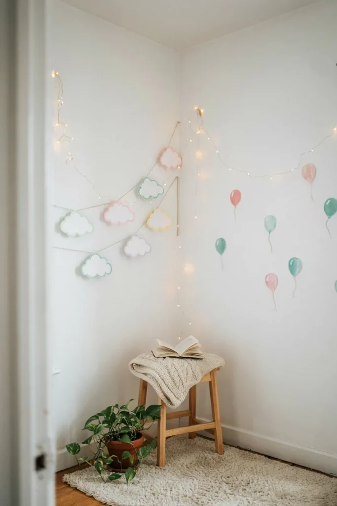 Pastel cloud photo corner with hanging paper clouds and balloon cutouts