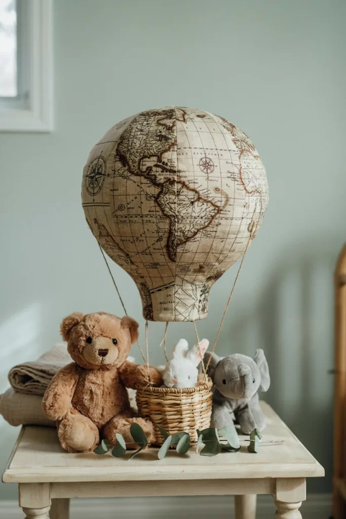Vintage map fabric hot air balloon centerpiece in a wicker basket