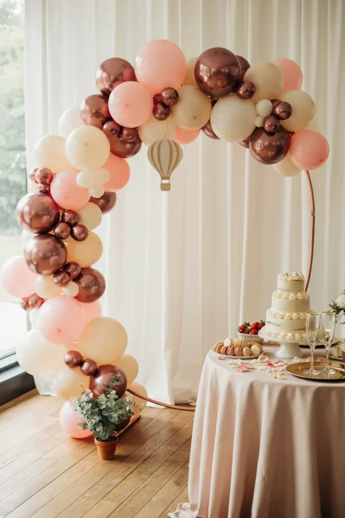 Blush pink balloon arch with hot air balloon cutout for a girl baby shower