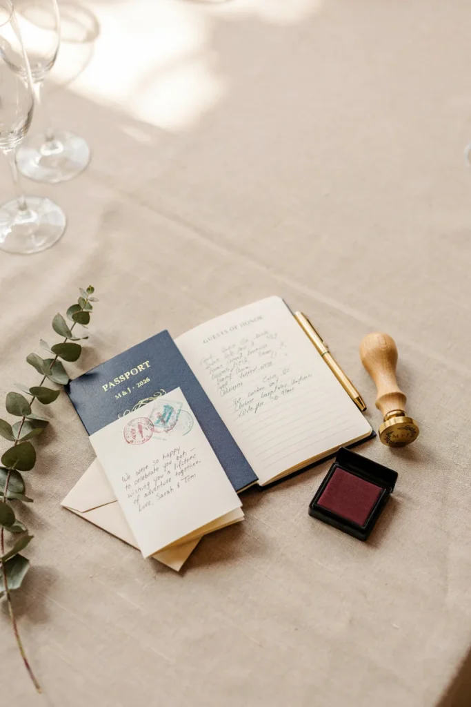 Adventure passport guest book for a hot air balloon baby shower