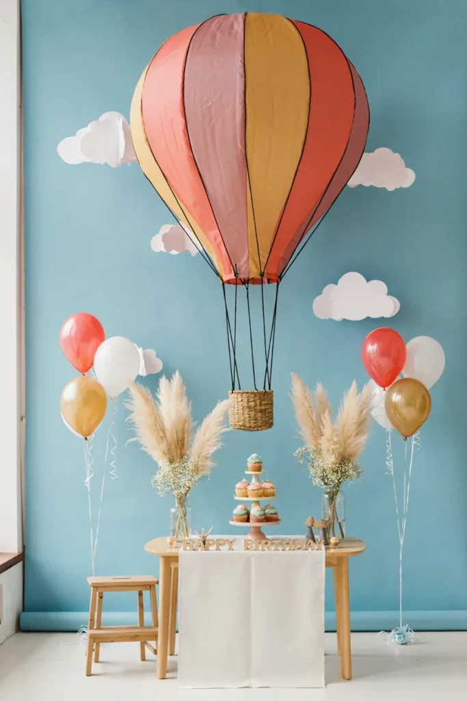 Sky-blue hot air balloon photo backdrop with cloud cutouts for a baby shower
