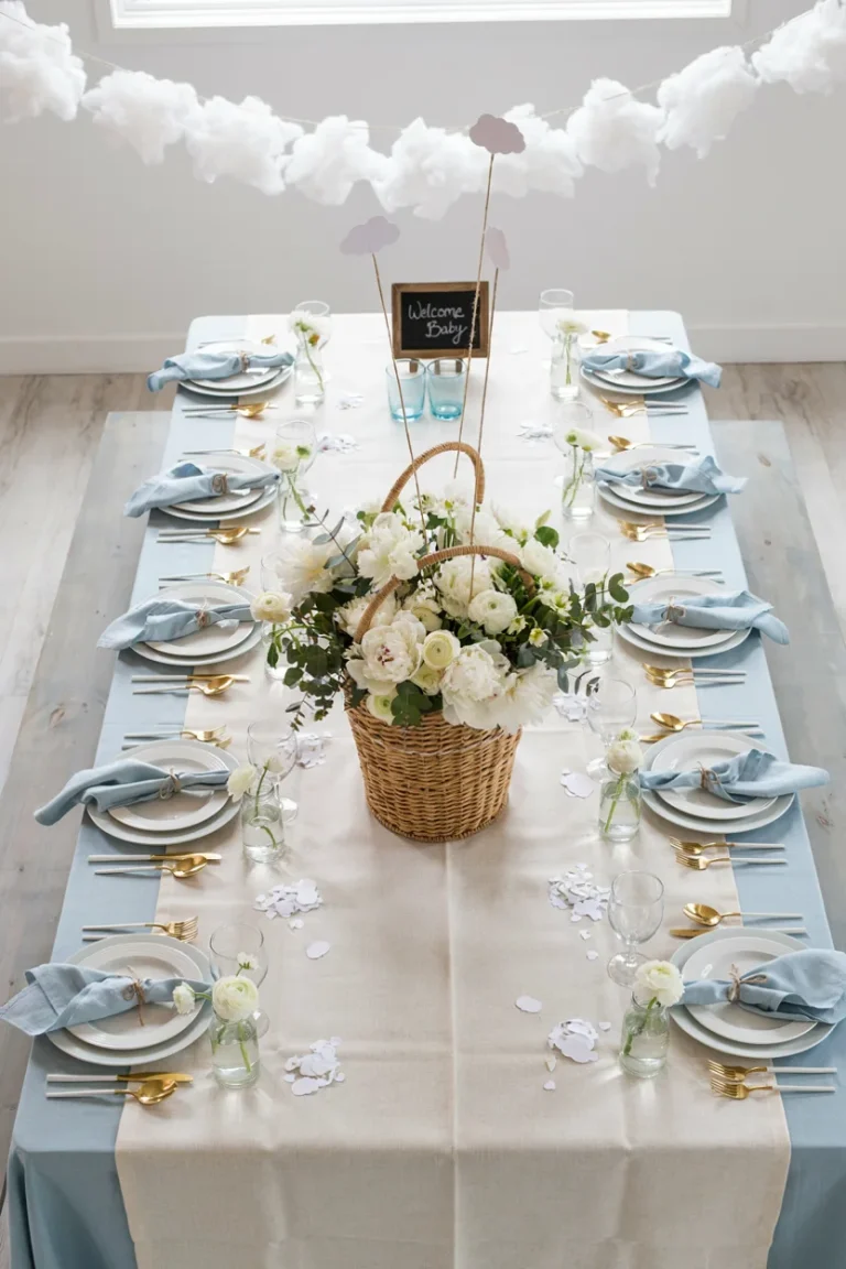 A styled hot air balloon baby shower tablescape shot from above — sky-blue and ivory linens, a wicker basket balloon centerpiece filled with white florals, and soft cloud accents in the background. Bright, airy natural light.