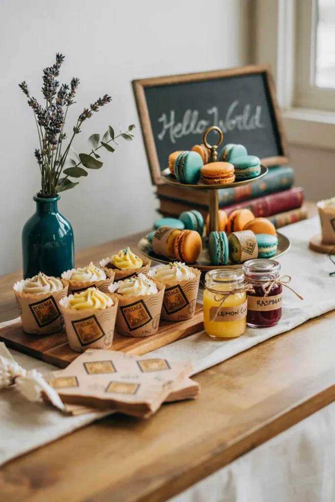 Retro travel stamp dessert table for a hot air balloon baby shower