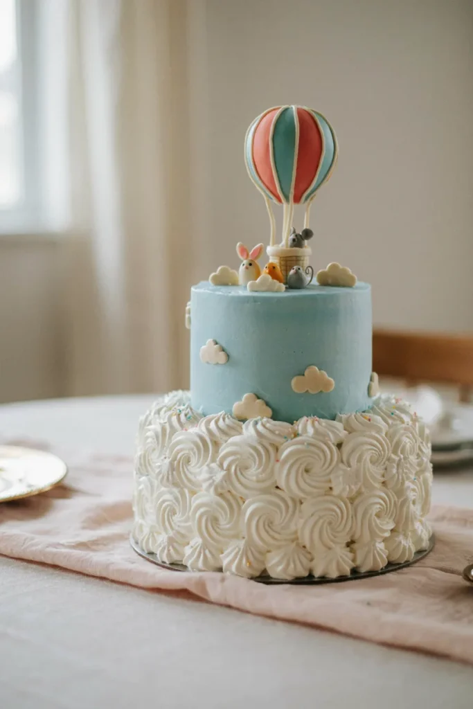 Cloud-topped buttercream hot air balloon baby shower cake