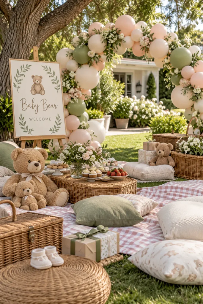 Gingham blankets on grass beneath a blush, cream, and sage balloon arch, with real teddy bears propped against wicker baskets