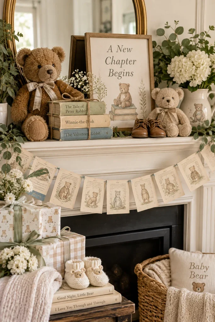 A mantel with antique-style teddies, a garland of old book pages, and a stack of nursery rhyme books tied with twine