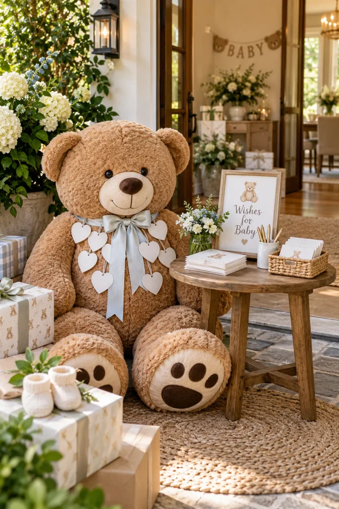 An oversized plush bear seated by the entrance wearing a ribbon necklace covered in handwritten paper hearts