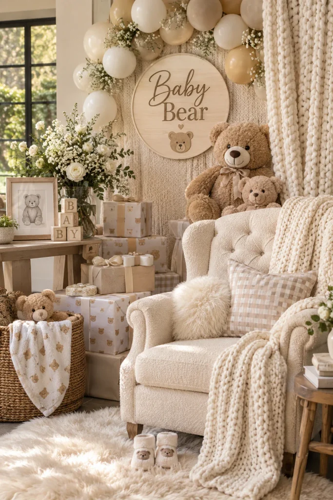 A photo wall covered in cream boucle fabric and faux fur with a wooden "Baby Bear" sign and a tufted chair