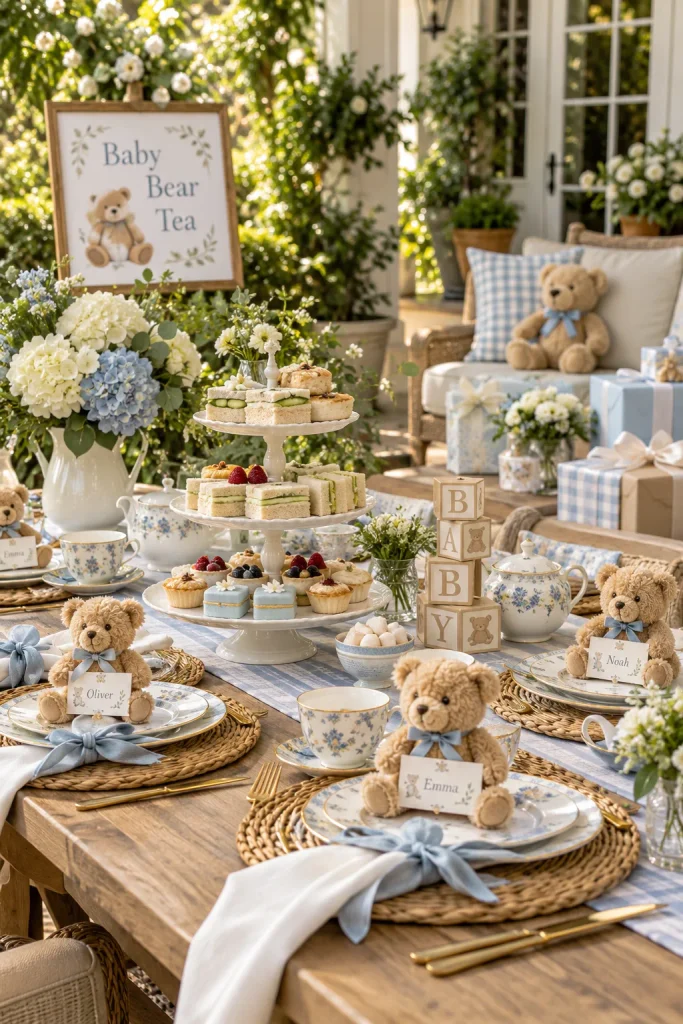 A tiered stand of finger sandwiches and petit fours beside porcelain teacups, with tiny bears seated at each place setting