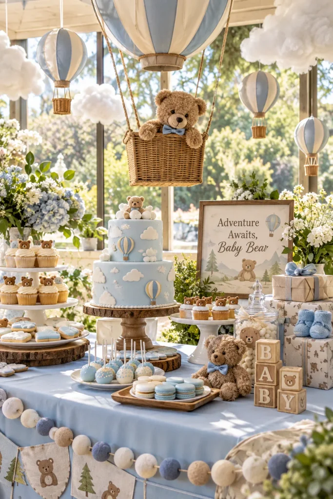 A sky-blue dessert table with cotton-cloud décor, paper hot air balloons overhead, and a teddy bear peeking out of a wicker basket