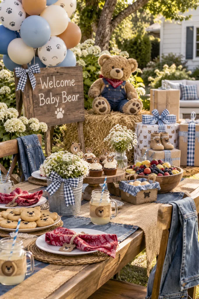 A bear wearing tiny denim overalls sitting on a hay bale beside bandana-print napkins and mason jar drinks
