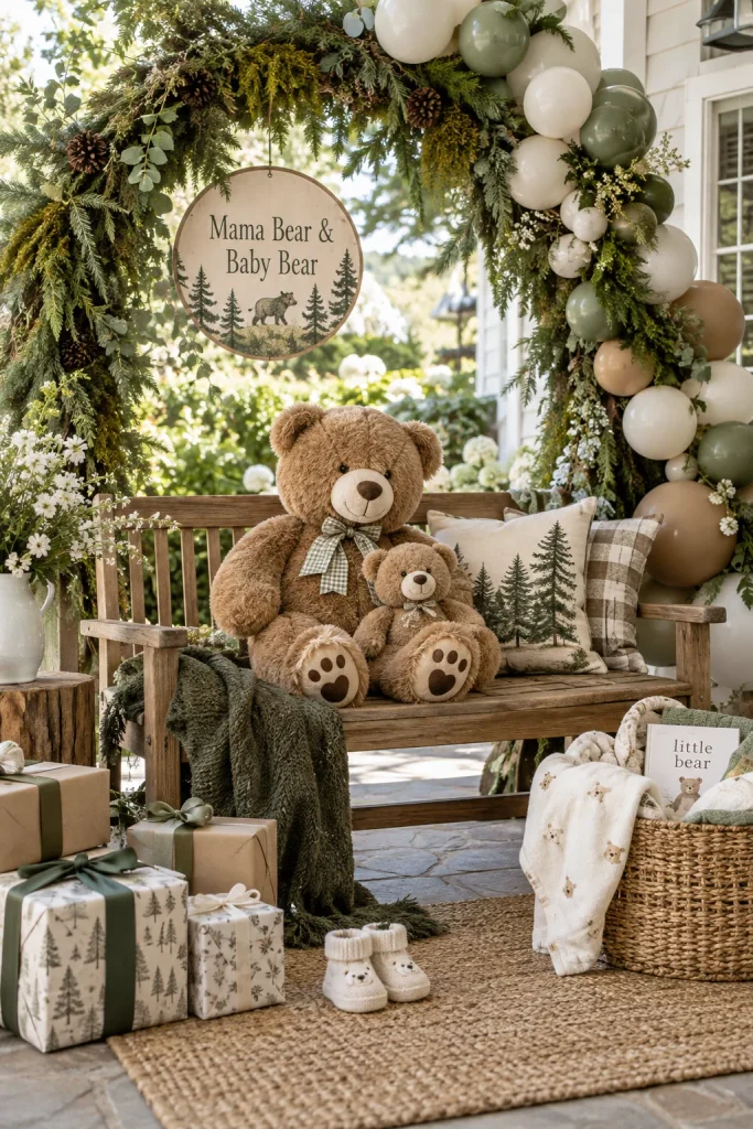 A lush evergreen and moss garland arch framing two plush bears, one large and one small, on a wooden bench