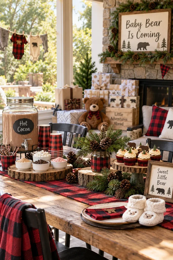 A rustic table with red and black buffalo plaid runners, wood slice centerpieces, and a hot cocoa station