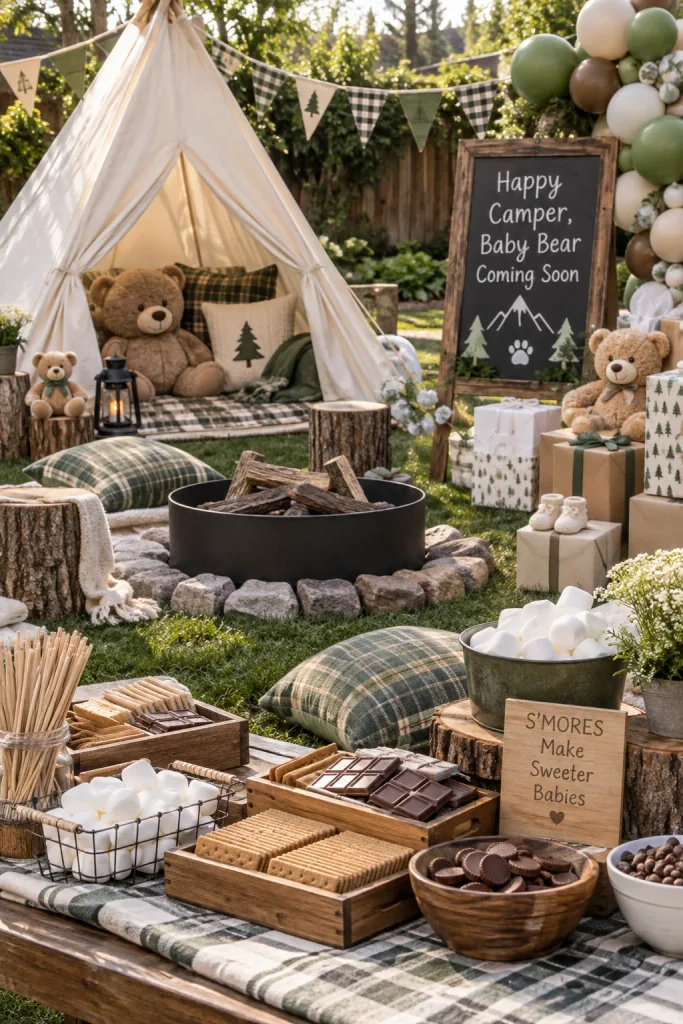 A string-lit backyard with a canvas tent, a fire pit, and a s'mores tray labeled "Happy Camper, Baby Bear Coming Soon"