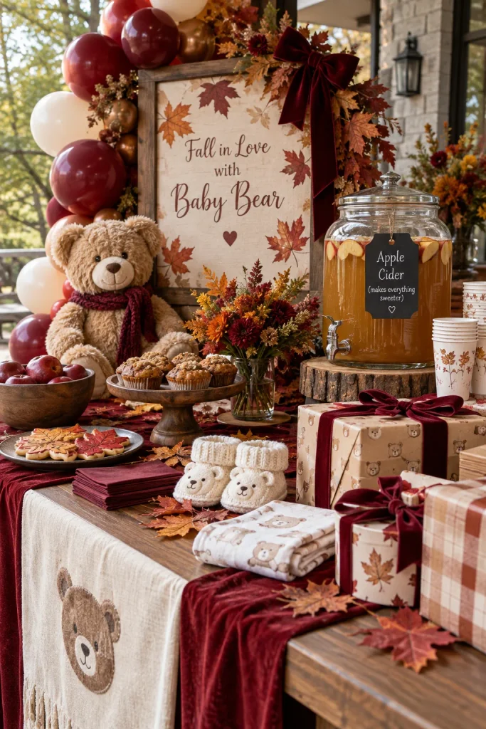 A fall table with dried maple leaves, burnt orange candles, burgundy velvet ribbon, and a bear wearing a knit scarf