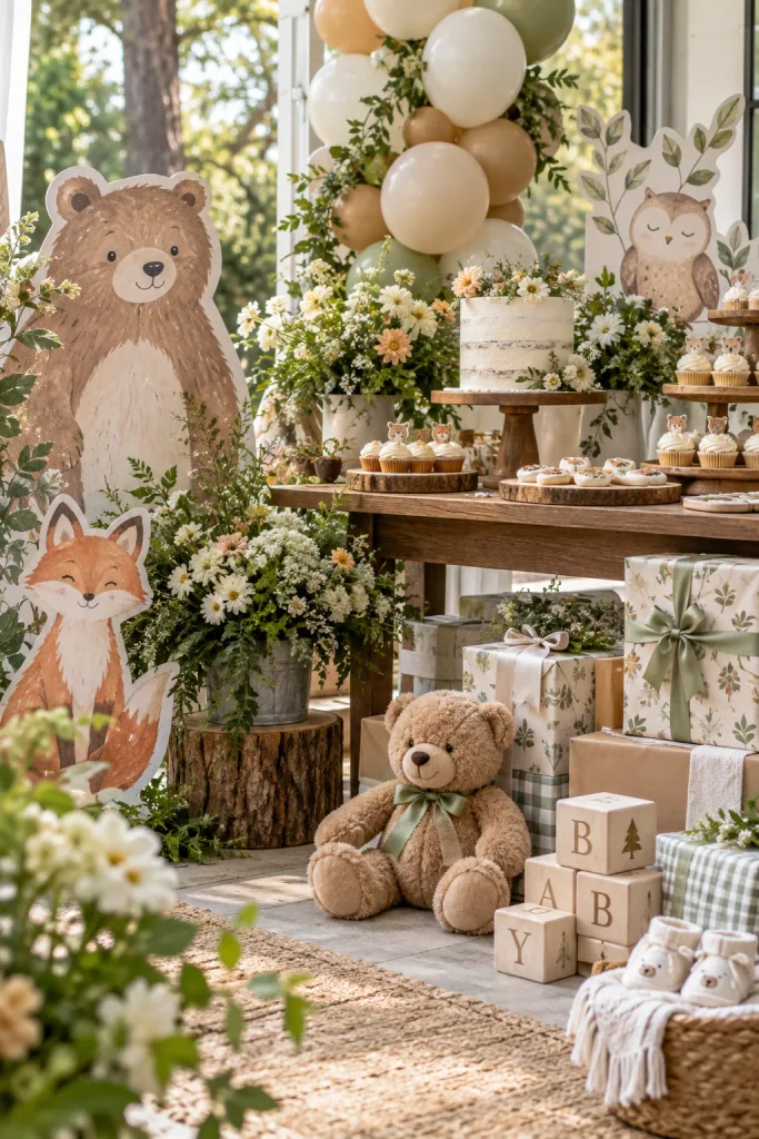 A watercolor-style dessert table with paper foxes, owls, and bears peeking out of a wildflower centerpiece