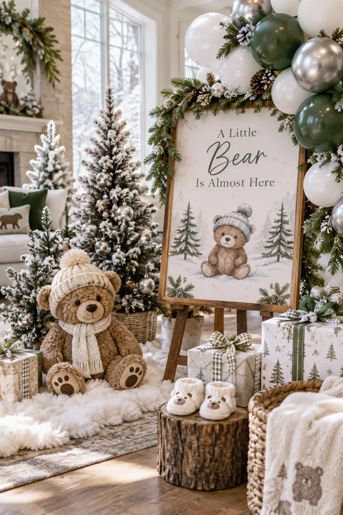 A white flocked mini tree table with silver ornaments, faux snow, and a small bear in a knit hat