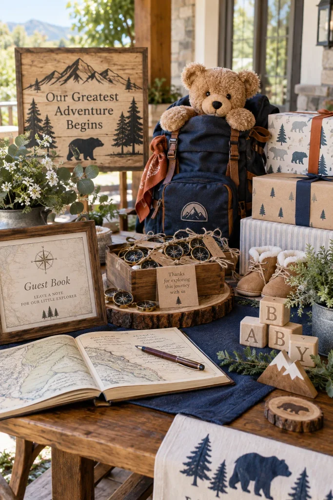 A navy and rust table with a vintage trail map guest book, compass favors, and a bear peeking out of a hiking backpack