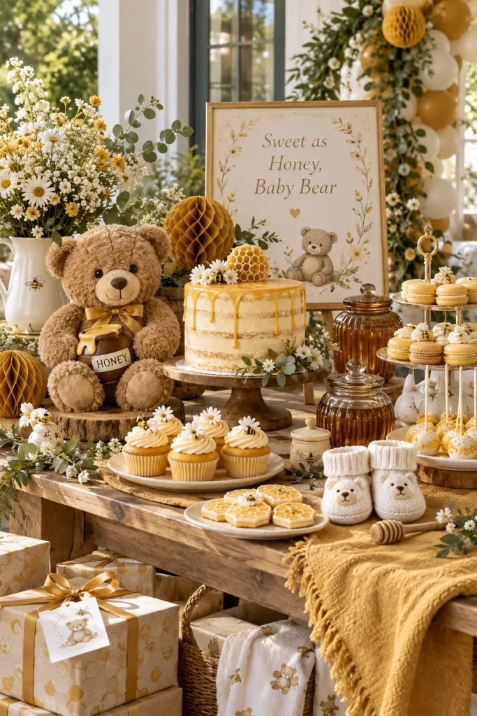 A golden dessert table with mustard linens, amber glass jars, and a plush bear holding a tiny honey pot