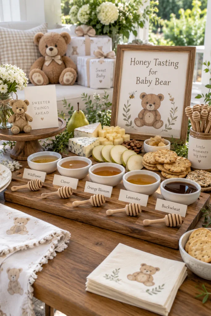 A wooden board with small bowls of honey varieties, cheeses, sliced pears, and crackers beside a row of honey dippers