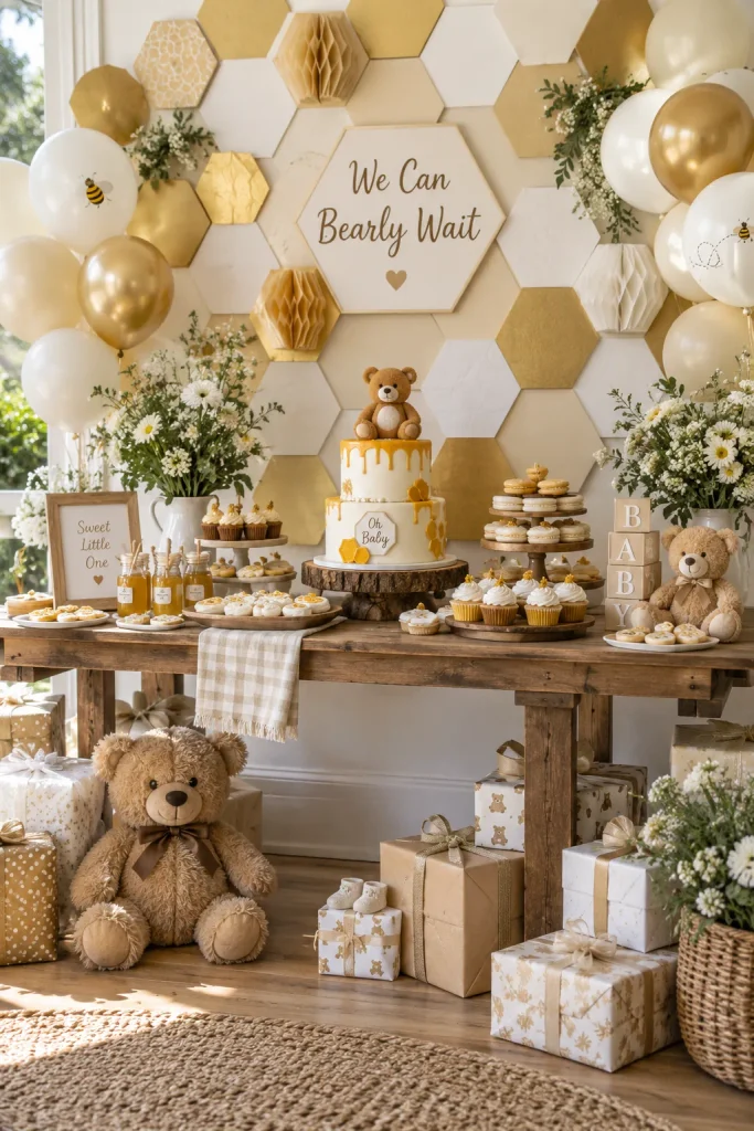 A wall of gold and white paper hexagons arranged in a honeycomb pattern behind a rustic dessert table