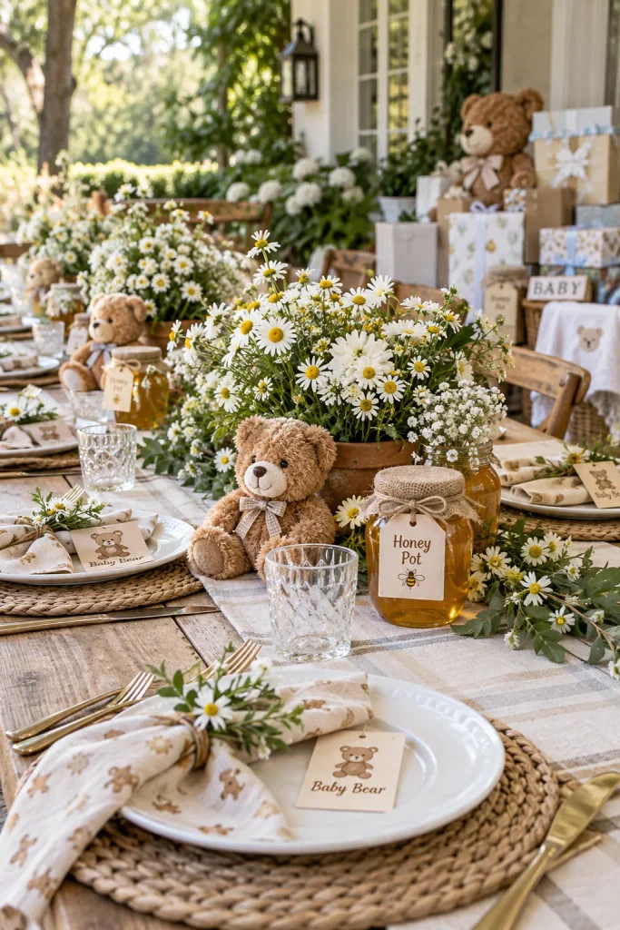 Clay pots and glass jars filled with wildflowers and labeled with tiny "Honey Pot" tags on a long farmhouse table