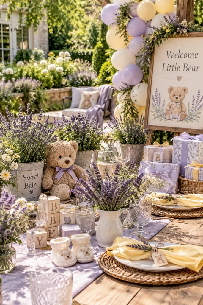 An outdoor garden table with lavender bundles, butter-yellow napkins, and a bear tucked among flower pots