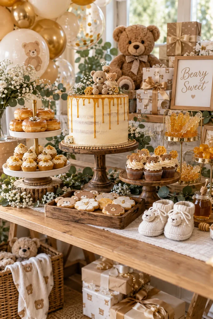 A glossy dessert spread with a gold-drip cake, amber candies, and honey-glazed donuts on tiered stands
