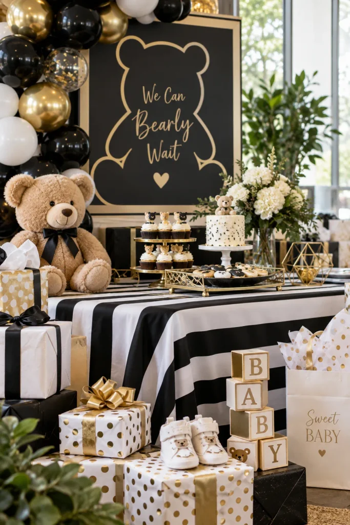A clean table with black-and-white striped linens, gold geometric accents, and a sleek bear silhouette sign