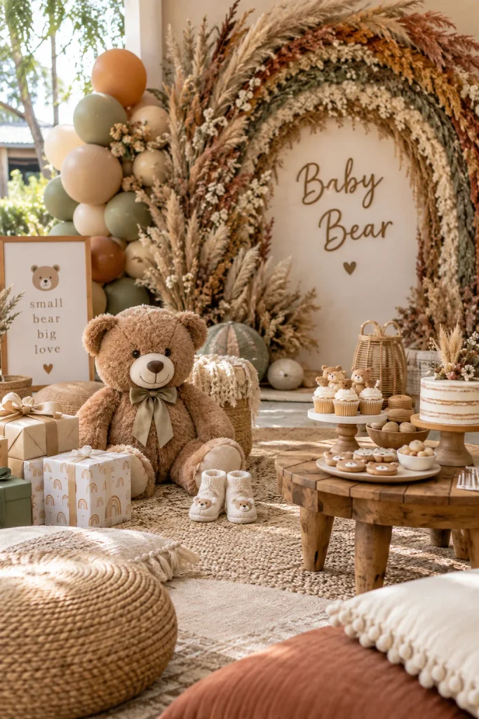 A muted rainbow arch made of dried florals and pampas grass behind a bear on a woven rug