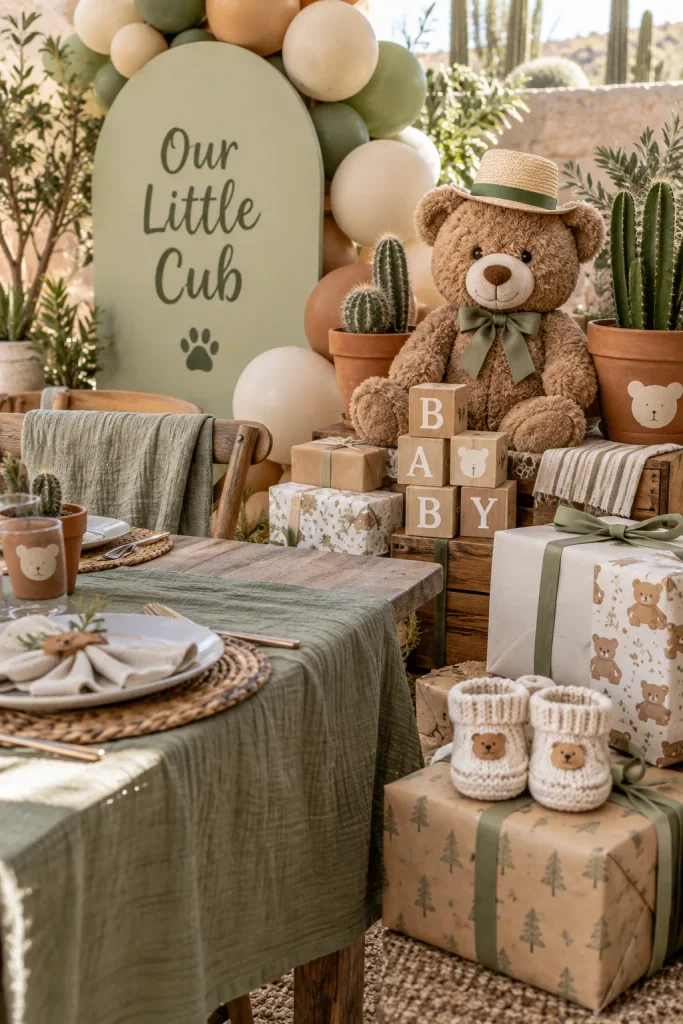 Terracotta pots with small cacti, sage linens, and a bear wearing a tiny woven hat on a sandy-toned table