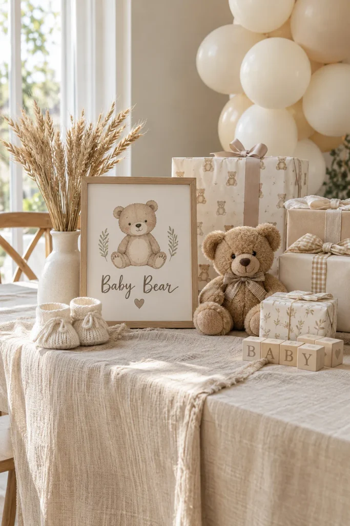 A stripped-back table with oat-colored linens, one hand-drawn bear sign, and a single vase of dried wheat