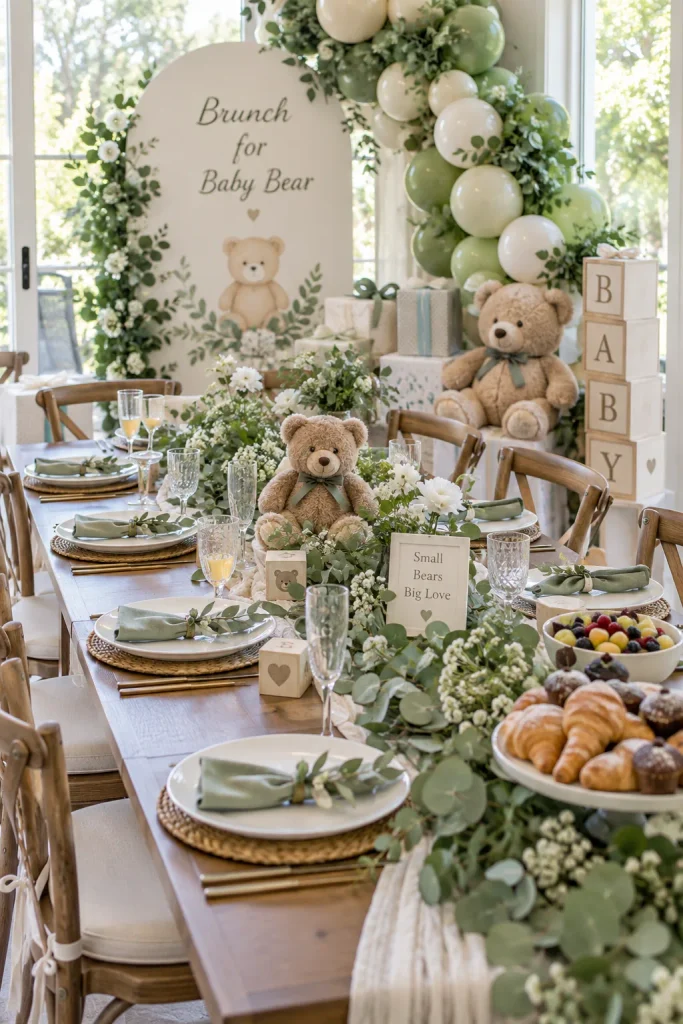 A long brunch table draped in eucalyptus garland with white plates, clear glasses, and a small bear at the center