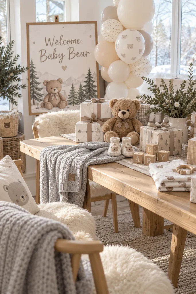 A cozy room with gray knit blankets, white candles, light wood shelves, and a small bear perched on a sheepskin